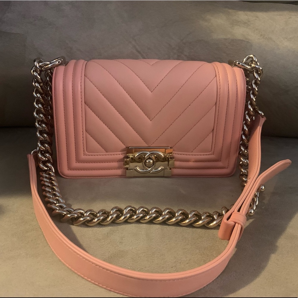 Authentic Chanel Chevron Small Boy Bag- Peach w/Beige/Pink undertones Shiny GHW